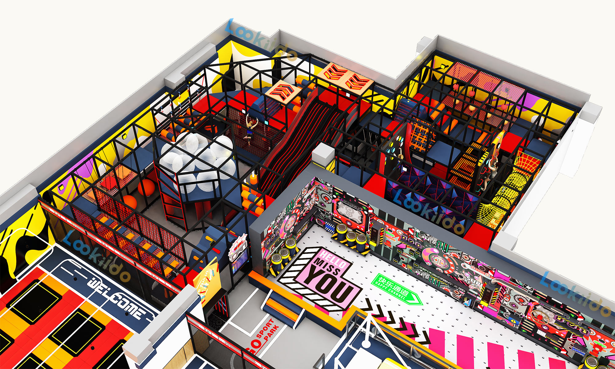 Multi Zone Indoor Adventure Park Plan Featuring Ninja Courses and Inflatable Bullfight