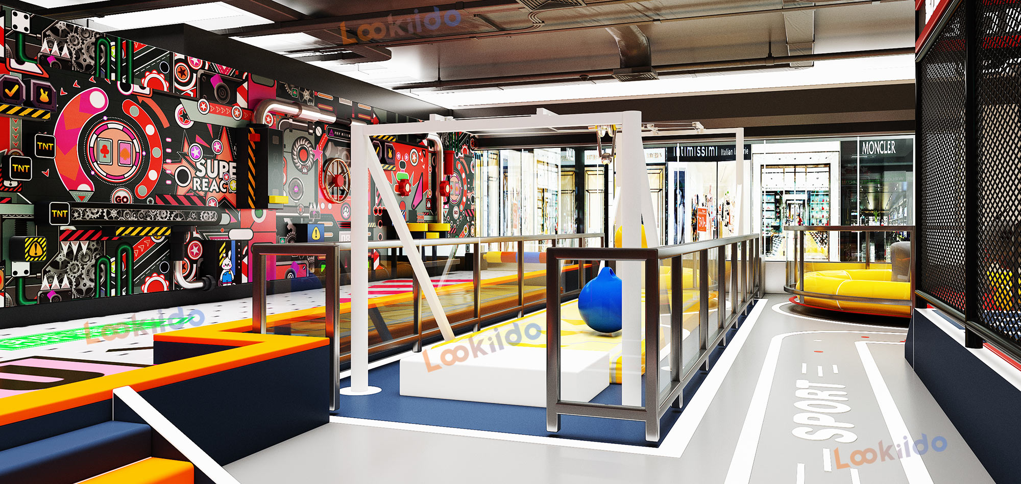 Multi Zone Indoor Adventure Park Plan Featuring Ninja Courses and Inflatable Bullfight