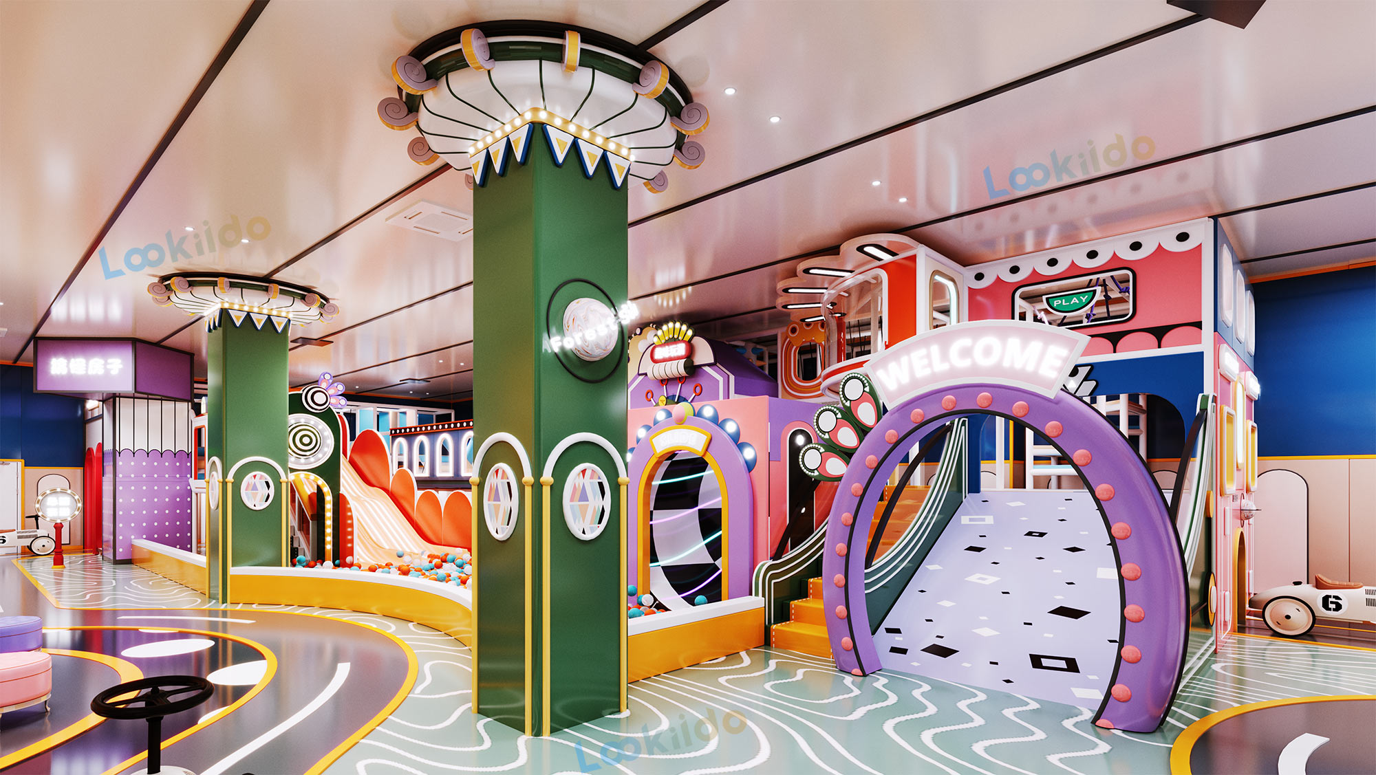 Compact Three-Story Indoor Play Equipment with Role Play Zones for Retail Locations