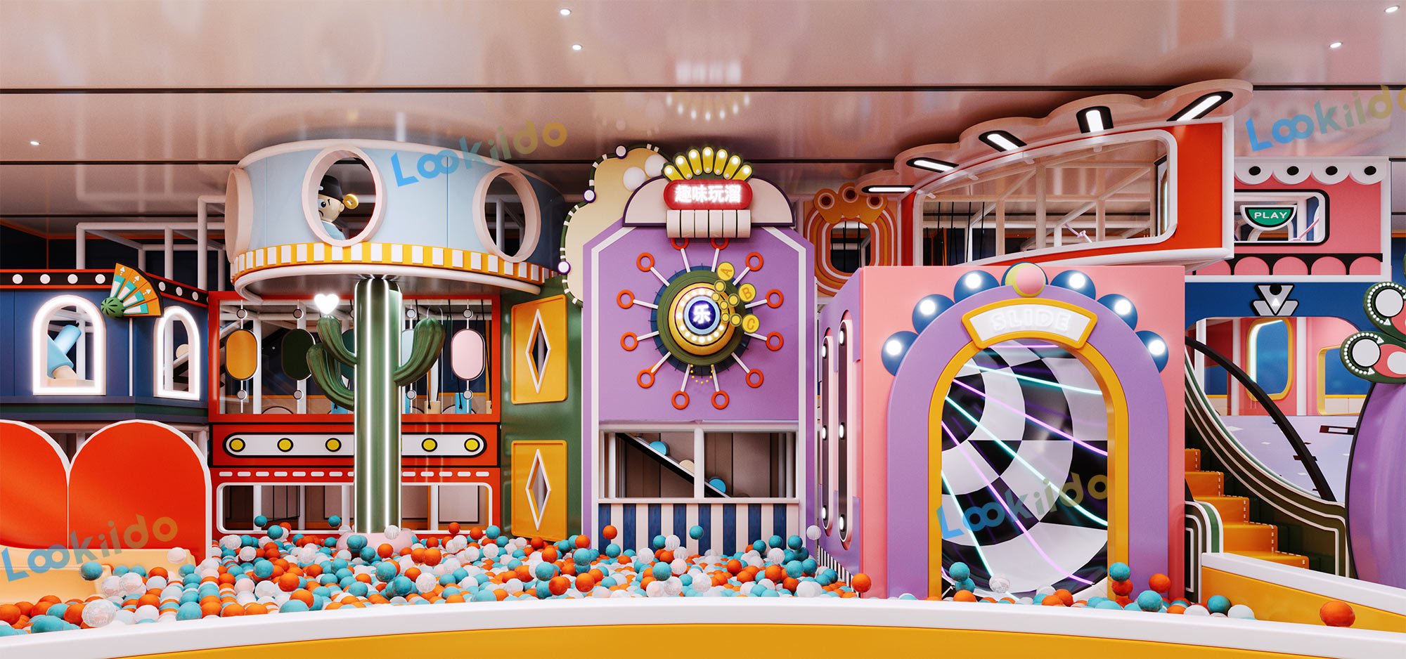 Compact Three-Story Indoor Play Equipment with Role Play Zones for Retail Locations