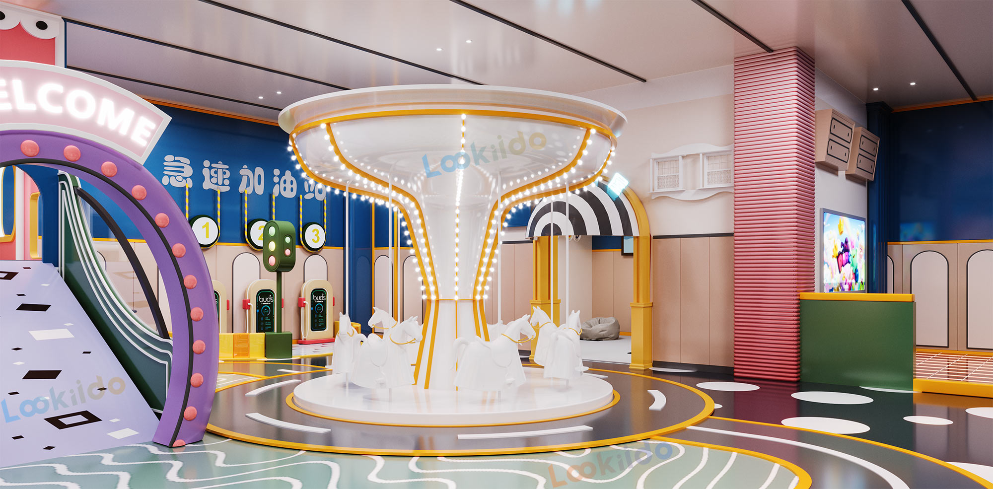 Compact Three-Story Indoor Play Equipment with Role Play Zones for Retail Locations