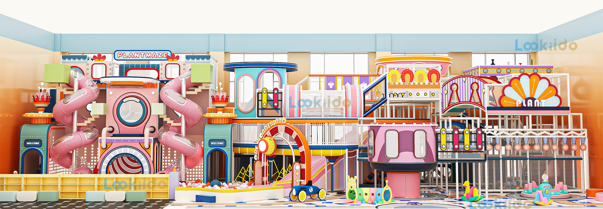 Pink 4-Level Indoor Playground Equipment Designed for Young Girls with LED Wave Slide