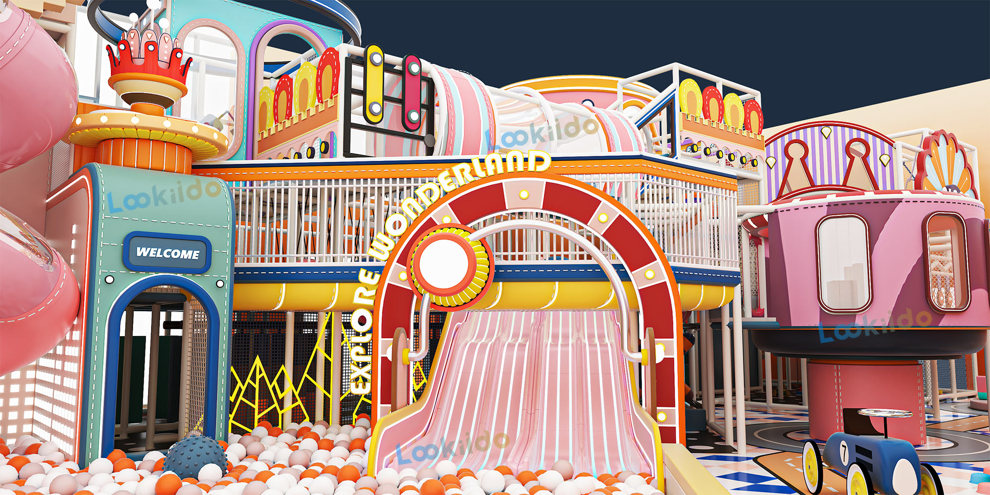 Pink 4-Level Indoor Playground Equipment Designed for Young Girls with LED Wave Slide