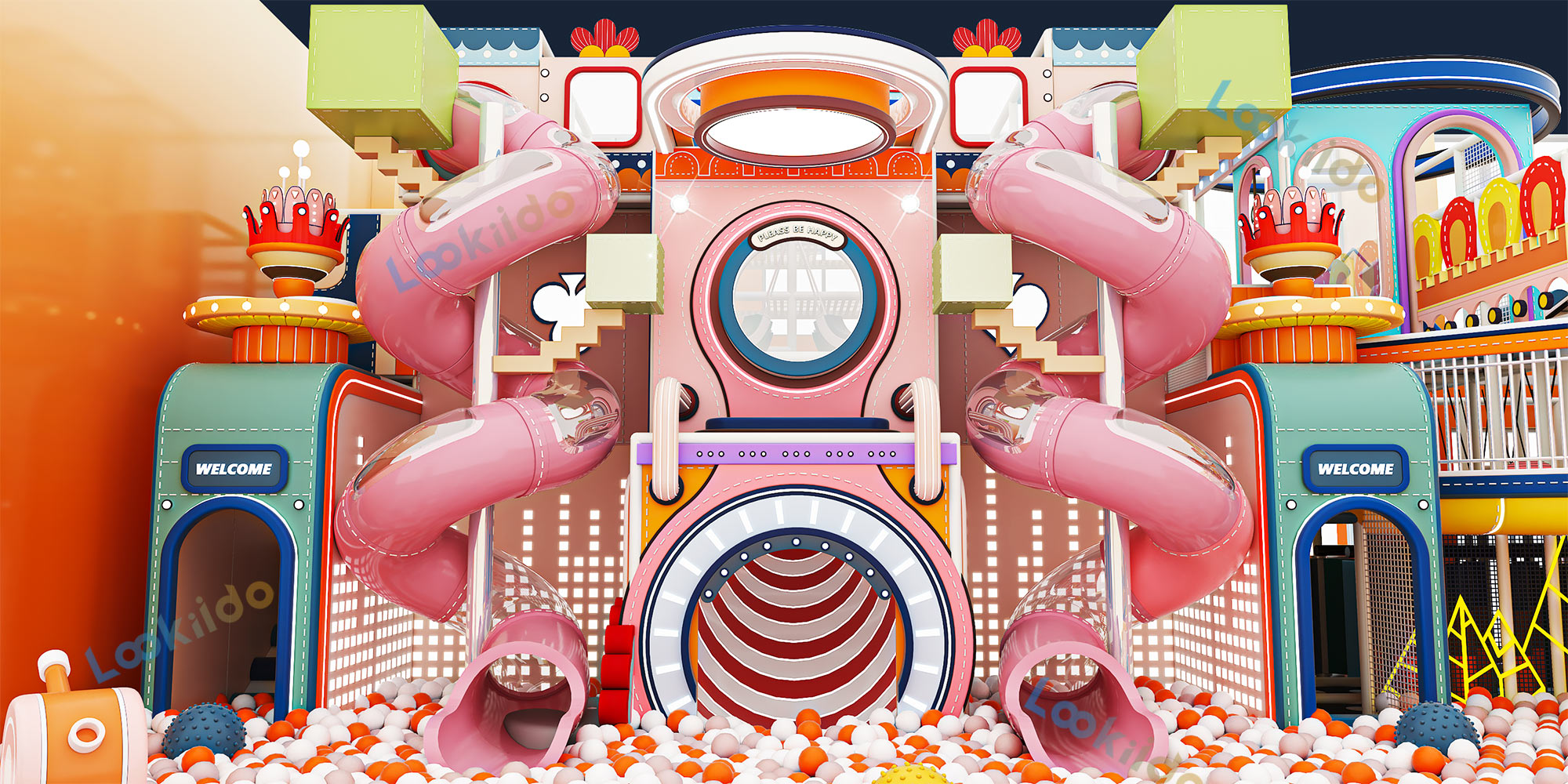 Pink 4-Level Indoor Playground Equipment Designed for Young Girls with LED Wave Slide