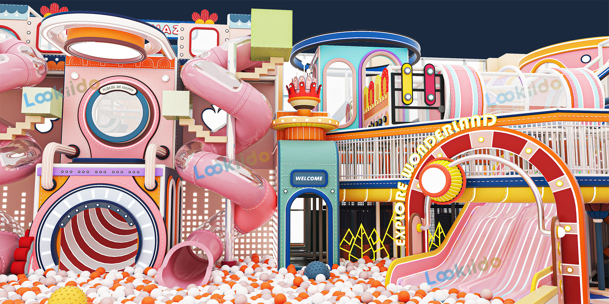 Pink 4-Level Indoor Playground Equipment Designed for Young Girls with LED Wave Slide