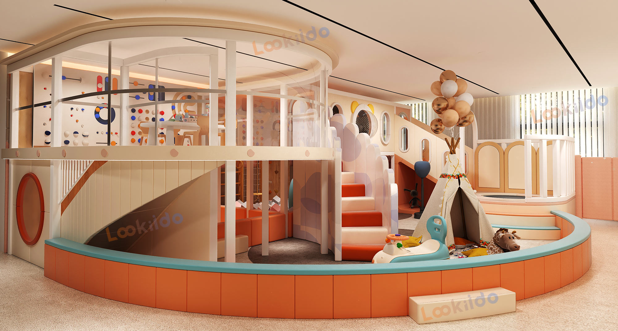 Environmentally Responsible Children's Play Center with Wooden Equipment and Soft Play Zones