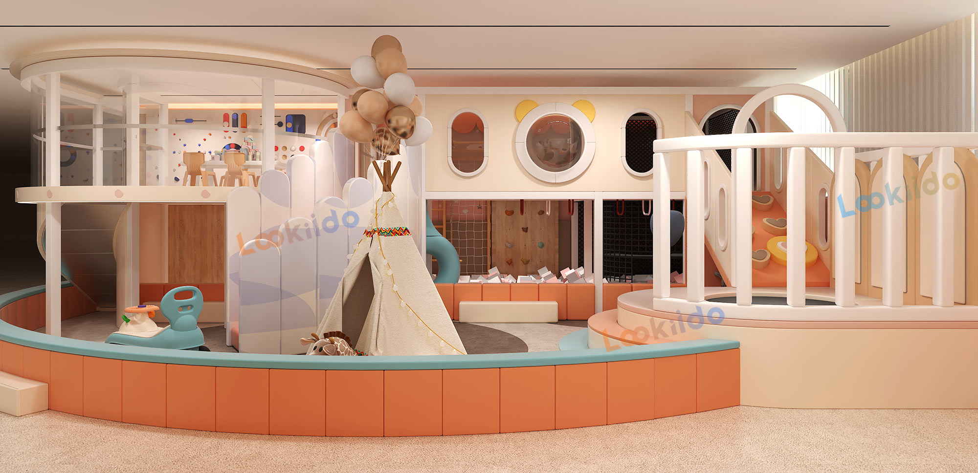 Environmentally Responsible Children's Play Center with Wooden Equipment and Soft Play Zones