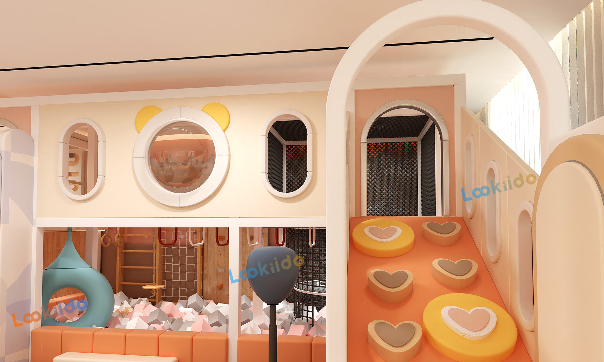 Environmentally Responsible Children's Play Center with Wooden Equipment and Soft Play Zones