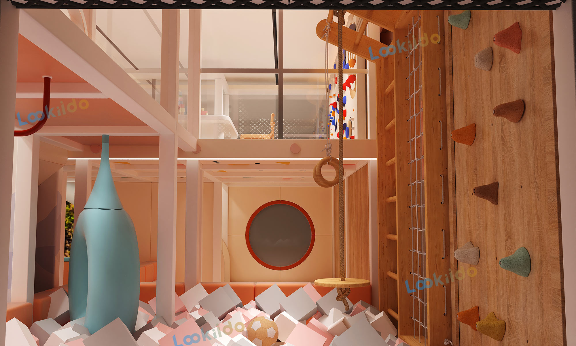 Environmentally Responsible Children's Play Center with Wooden Equipment and Soft Play Zones