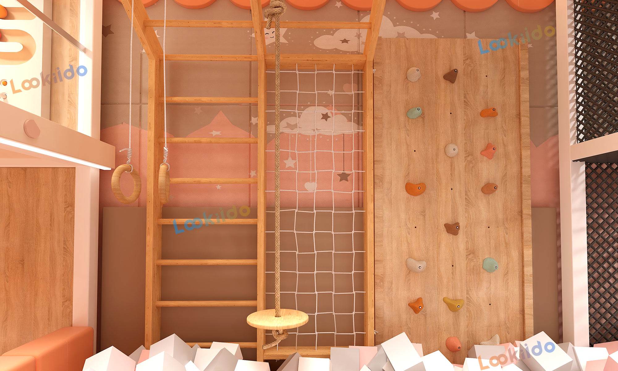 Environmentally Responsible Children's Play Center with Wooden Equipment and Soft Play Zones