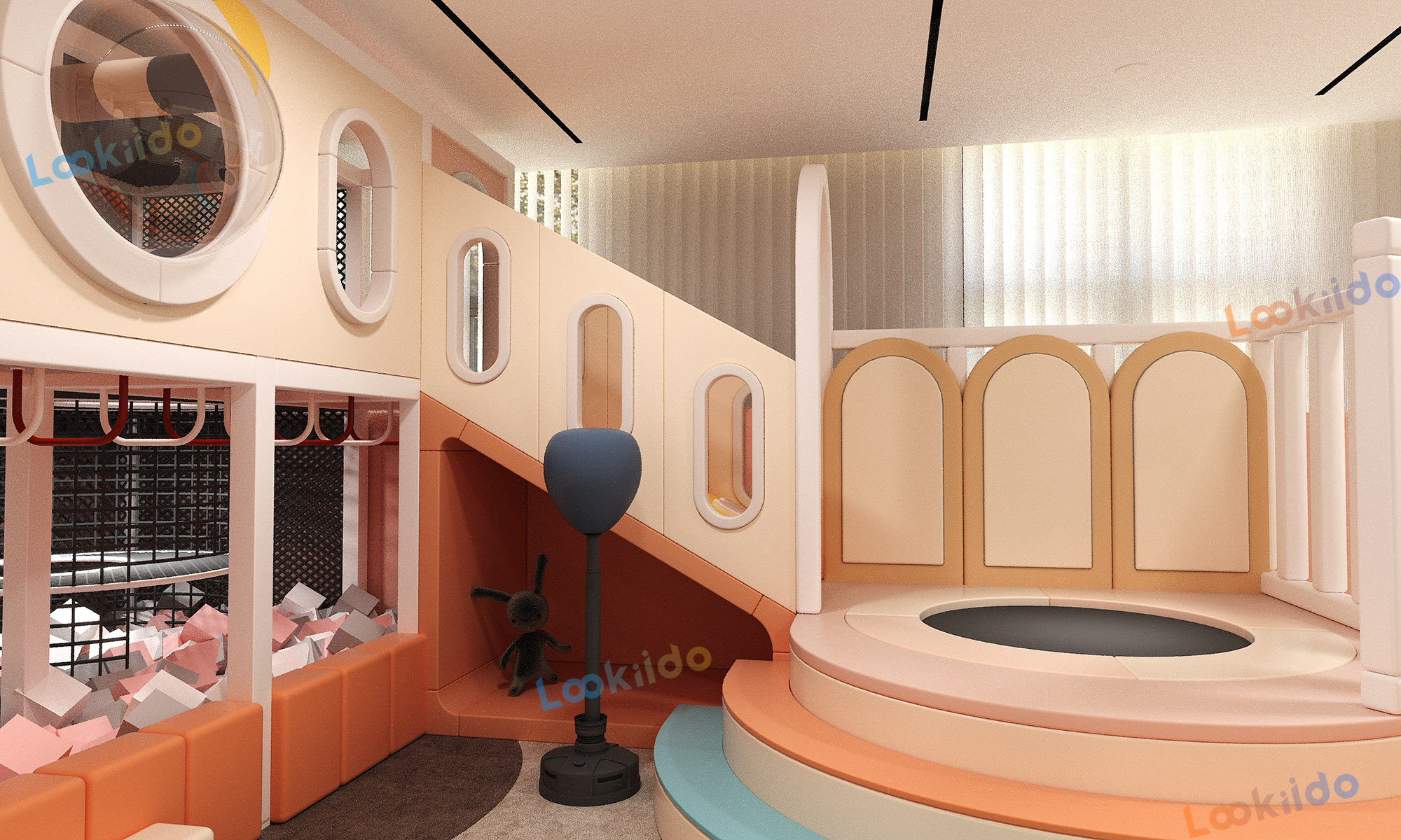 Environmentally Responsible Children's Play Center with Wooden Equipment and Soft Play Zones