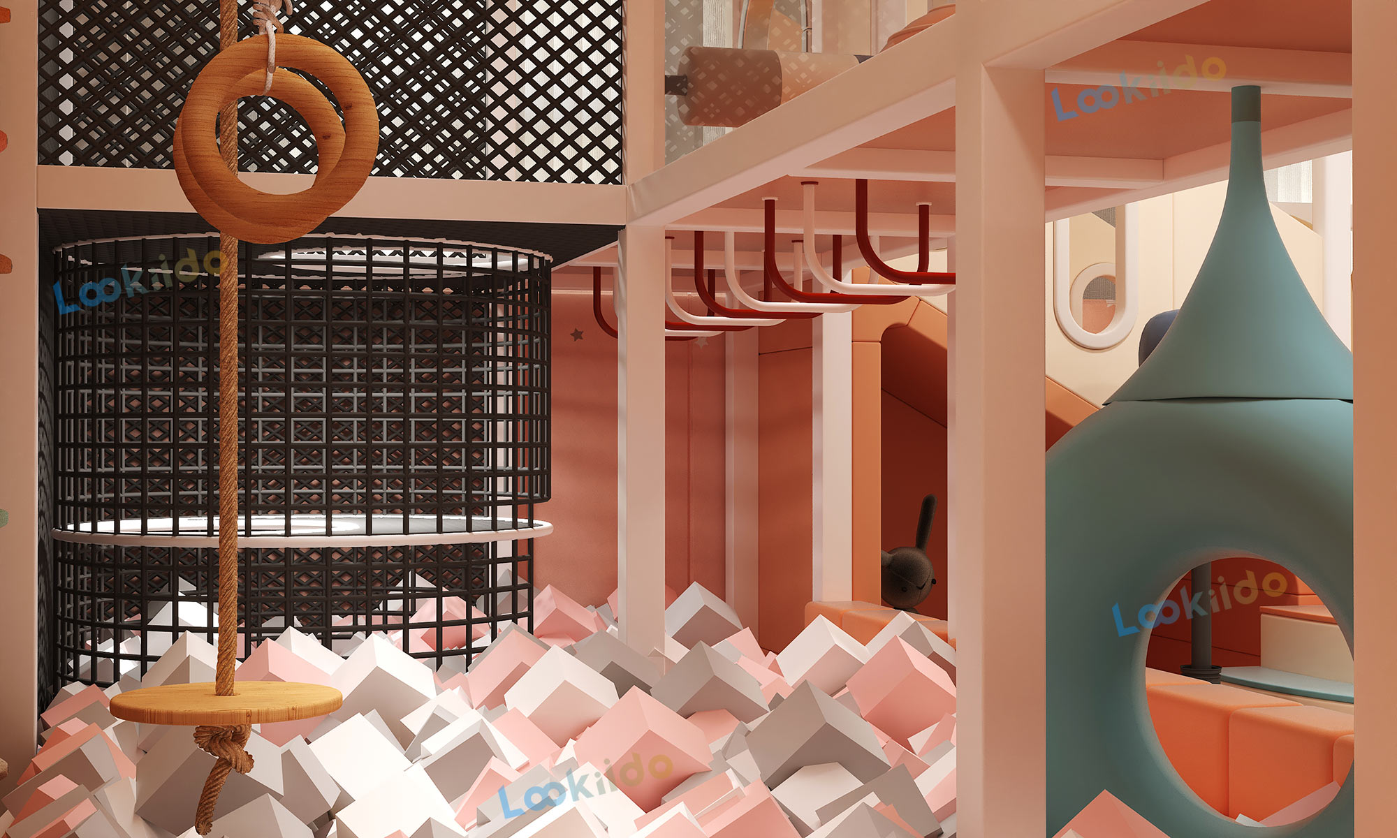 Environmentally Responsible Children's Play Center with Wooden Equipment and Soft Play Zones