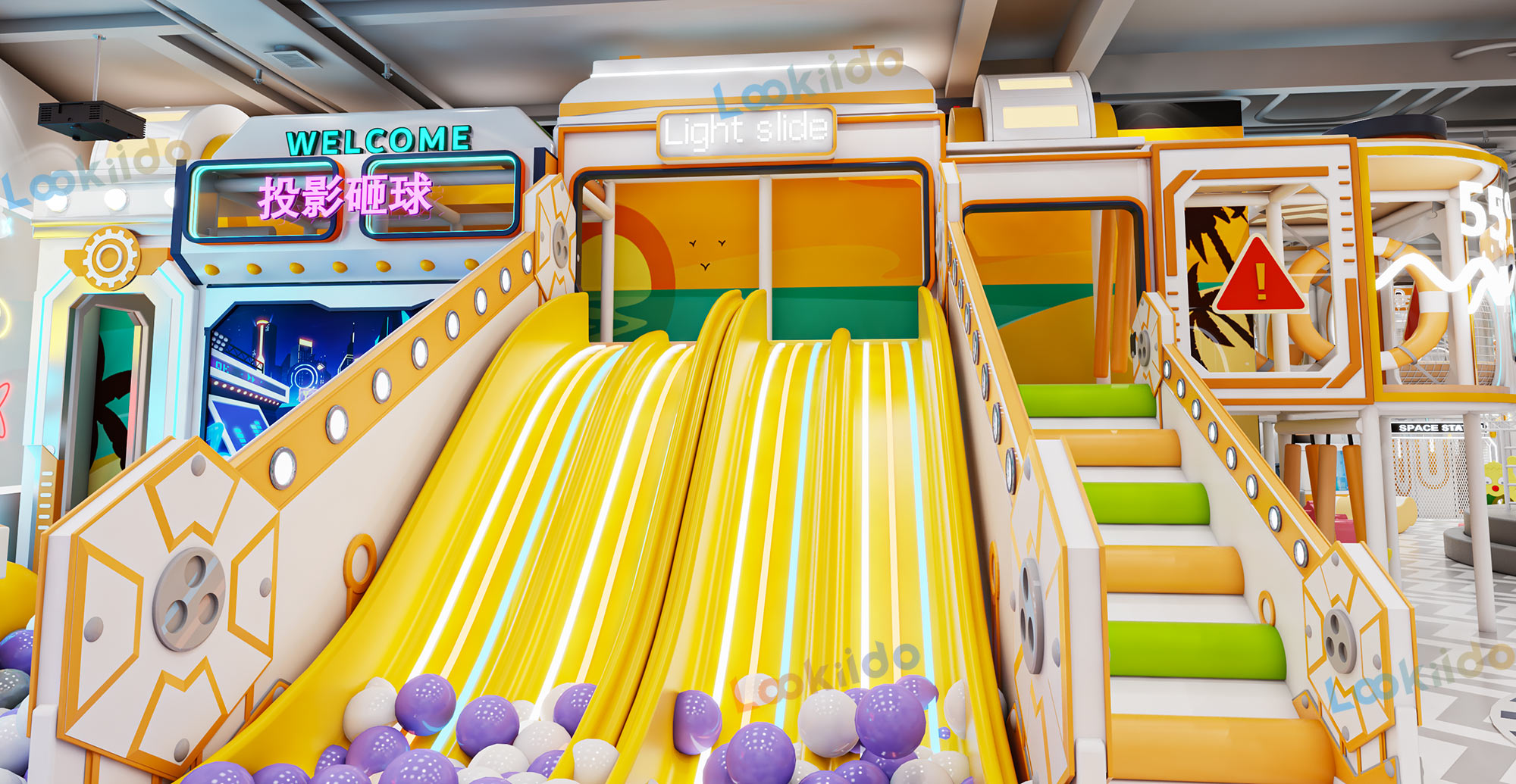 Toddler Soft Play Area Combined with Arcade Games Including Claw Machines and Racing Games