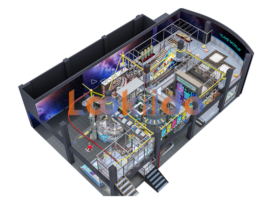 Commercial Ninja Rope Course Space Cyberpunk Adventure park with Rock Climbing Wall Zipline