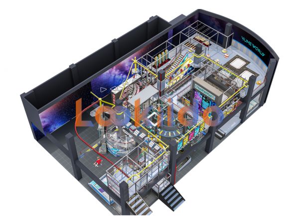 Commercial Ninja Rope Course Space Cyberpunk Adventure park with Rock Climbing Wall Zipline