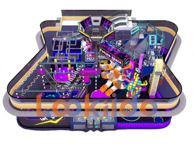 Commercial Ninja Rope Course Space Cyberpunk Adventure park with Rock Climbing Wall Zipline