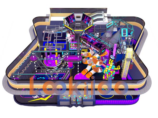 Commercial Ninja Rope Course Space Cyberpunk Adventure park with Rock Climbing Wall Zipline