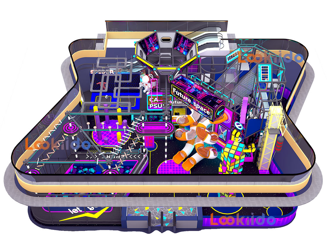 Commercial Ninja Rope Course Space Cyberpunk Adventure park with Rock Climbing Wall Zipline