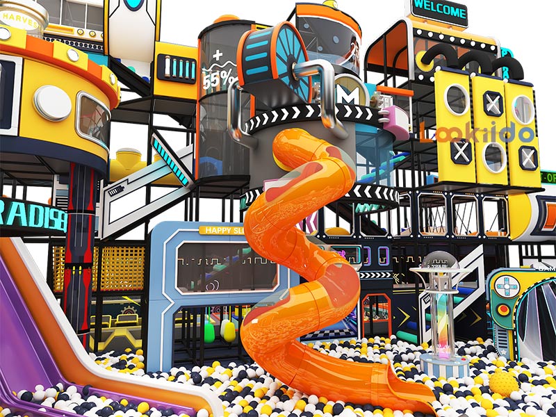 Soft Children's Playground with Spiral Slide in the Atrium of Commercial Shopping Center