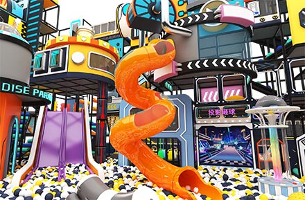 Soft Children's Playground with Spiral Slide in the Atrium of Commercial Shopping Center