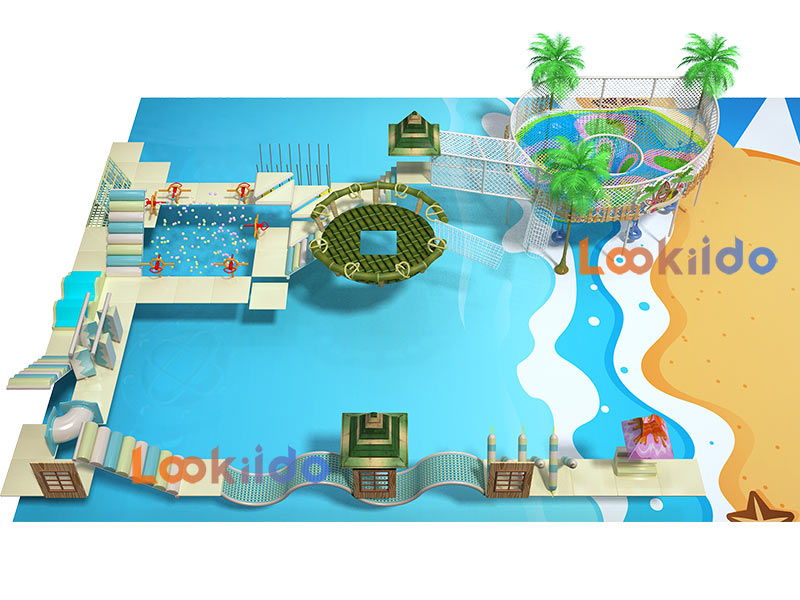 Coconut Beach Island Theme Adventure Playground with Donut Slides Kids Trampolines