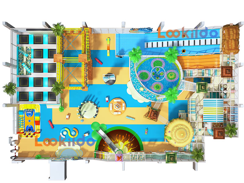 Coconut Beach Island Theme Adventure Playground with Donut Slides Kids Trampolines