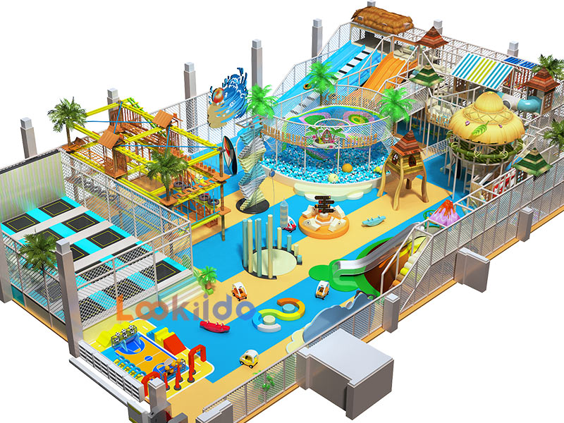Coconut Beach Island Theme Adventure Playground with Donut Slides Kids Trampolines