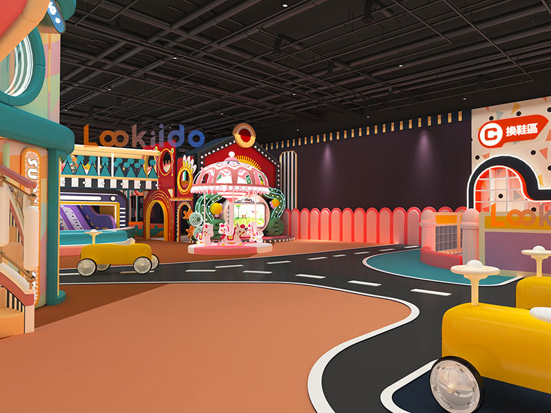 Candy Macaron Color Circus Playground with Dining Area and Arcade Machine