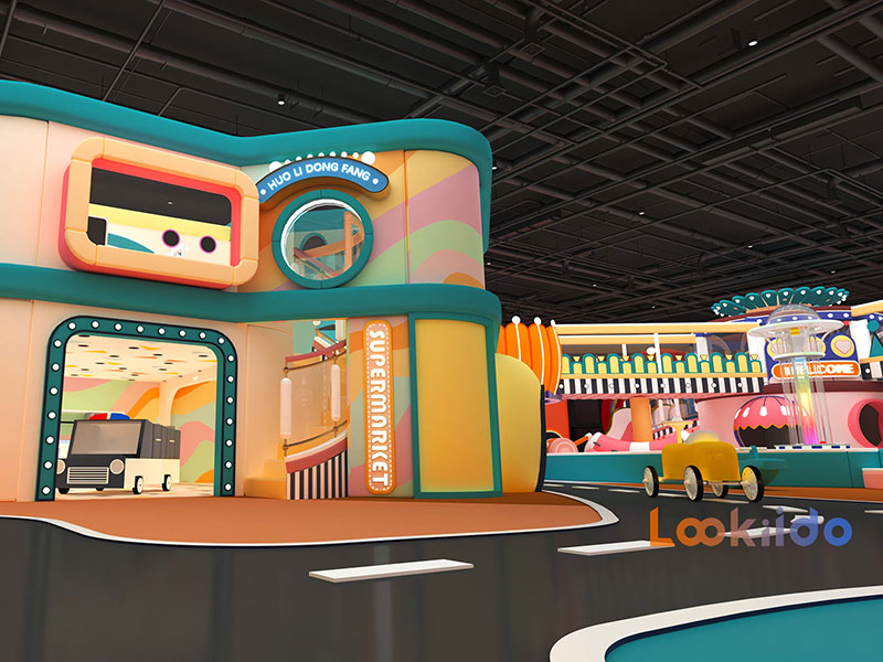 Candy Macaron Color Circus Playground with Dining Area and Arcade Machine