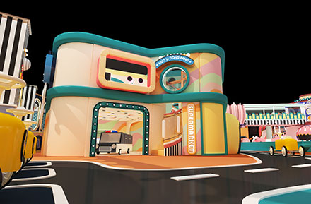 Candy Macaron Color Circus Playground with Dining Area and Arcade Machine