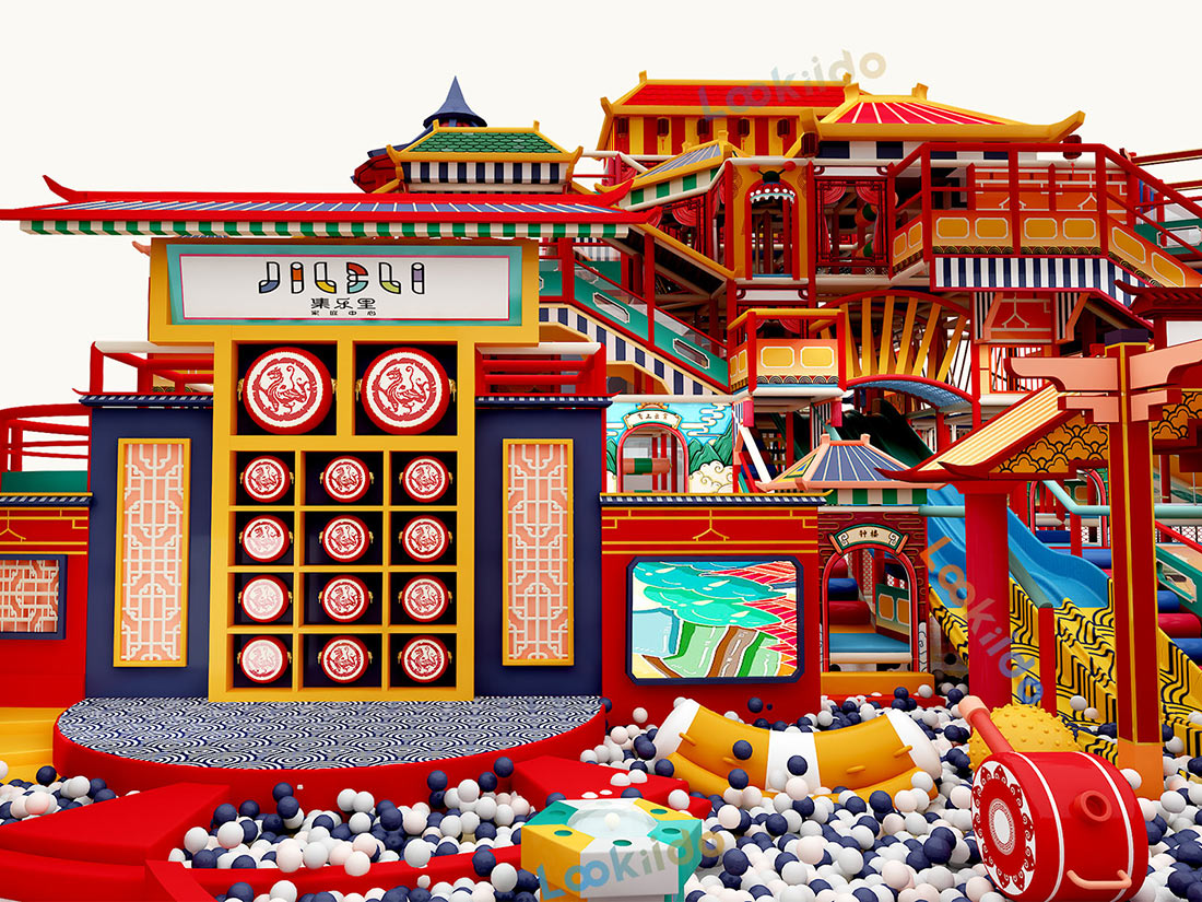 Ancient Chinese Palace Themed Indoor Playground Equipment with Spiral Slides and Soft Play Maze