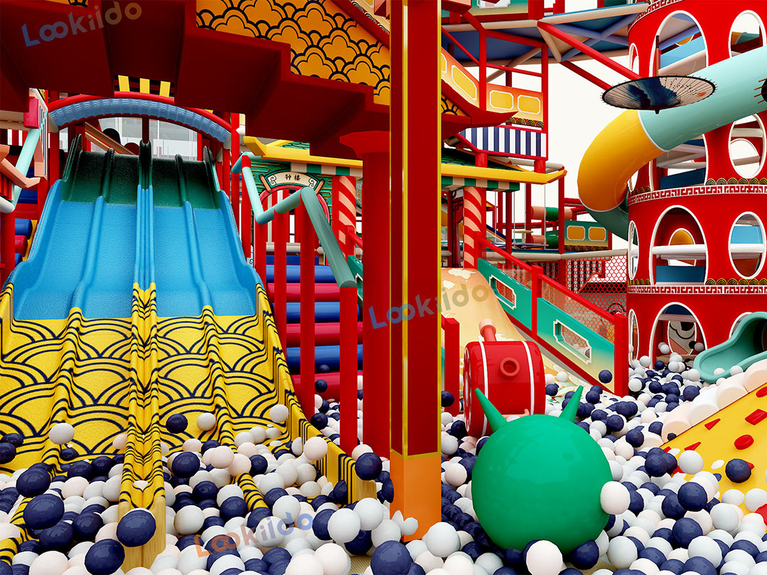 Ancient Chinese Palace Themed Indoor Playground Equipment with Spiral Slides and Soft Play Maze