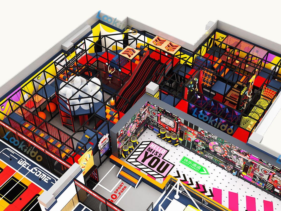Multi Zone Indoor Adventure Park Plan Featuring Ninja Courses and Inflatable Bullfight