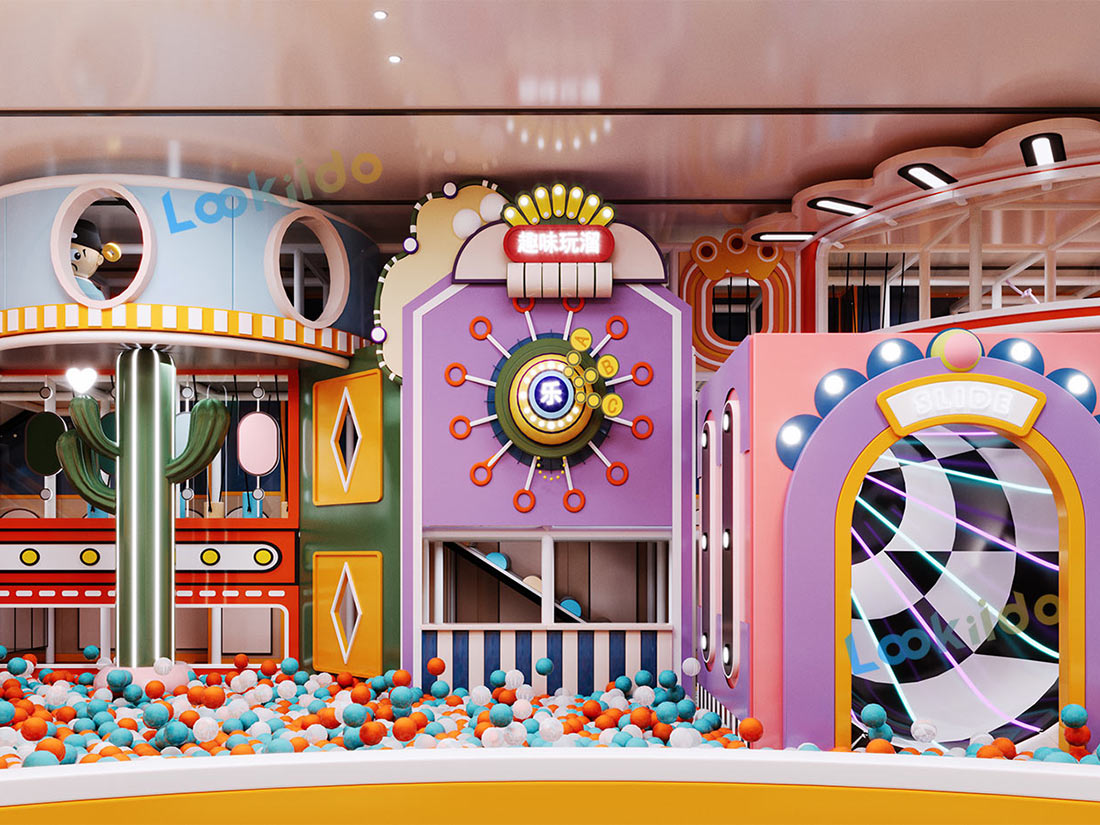 Compact Three-Story Indoor Play Equipment with Role Play Zones for Retail Locations