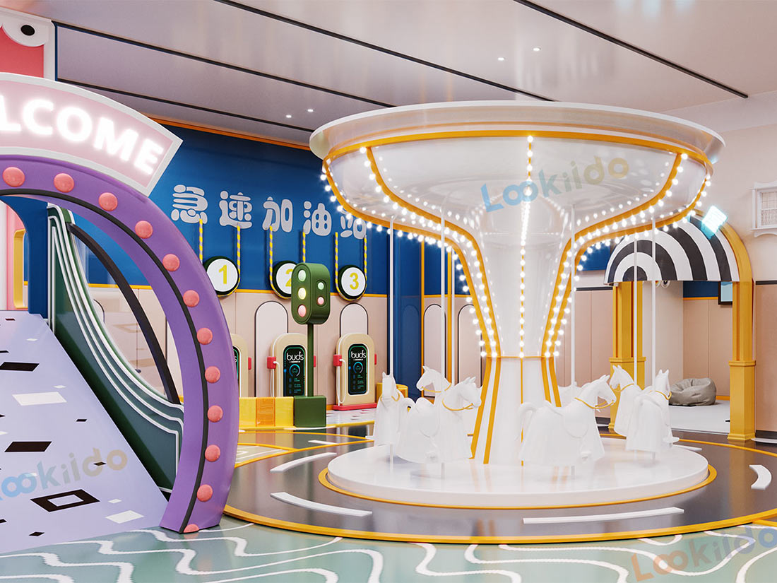 Compact Three-Story Indoor Play Equipment with Role Play Zones for Retail Locations