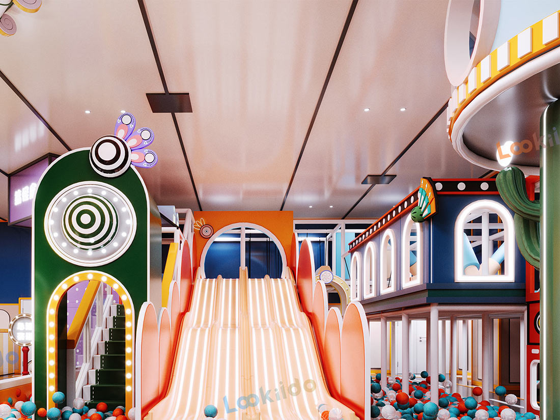 Compact Three-Story Indoor Play Equipment with Role Play Zones for Retail Locations