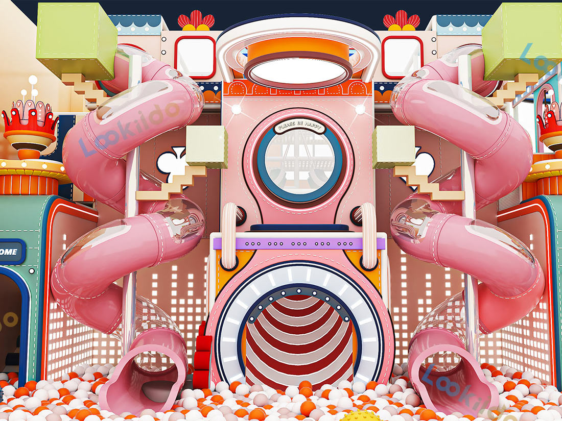 Pink 4-Level Indoor Playground Equipment Designed for Young Girls with LED Wave Slide