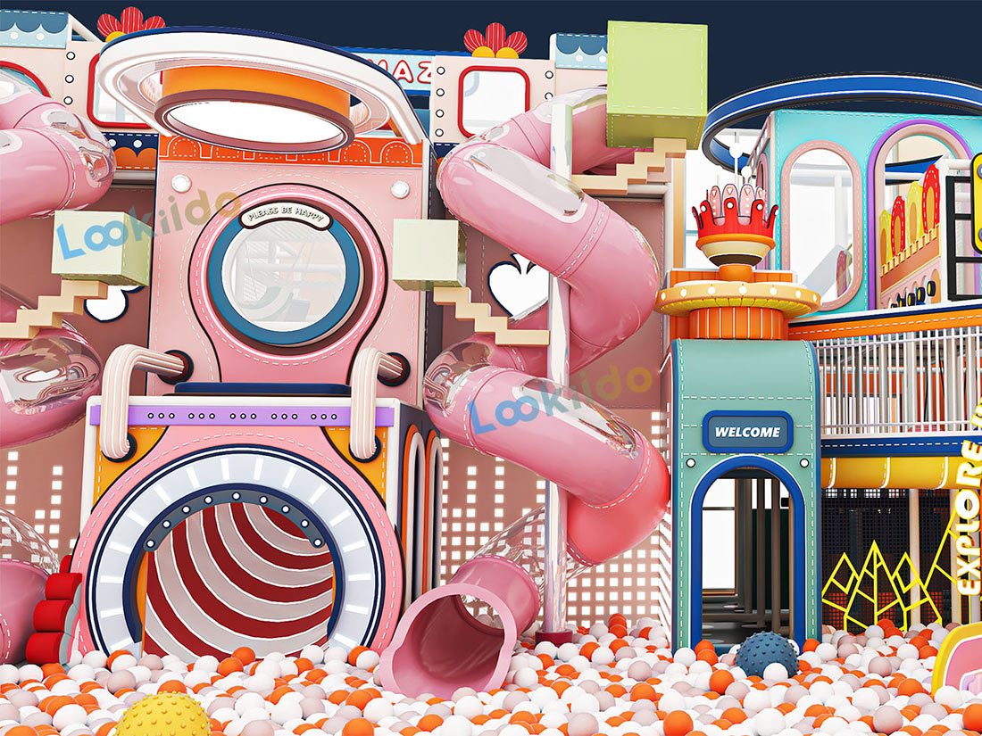 Pink 4-Level Indoor Playground Equipment Designed for Young Girls with LED Wave Slide