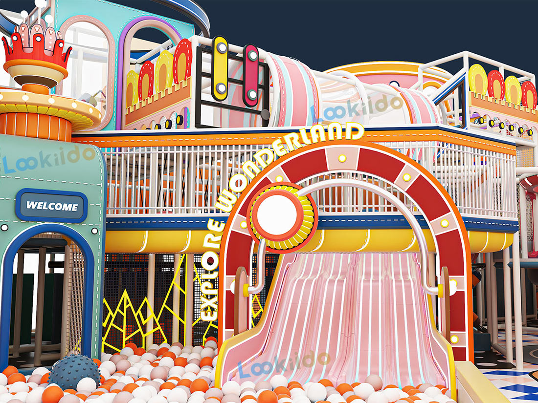 Pink 4-Level Indoor Playground Equipment Designed for Young Girls with LED Wave Slide