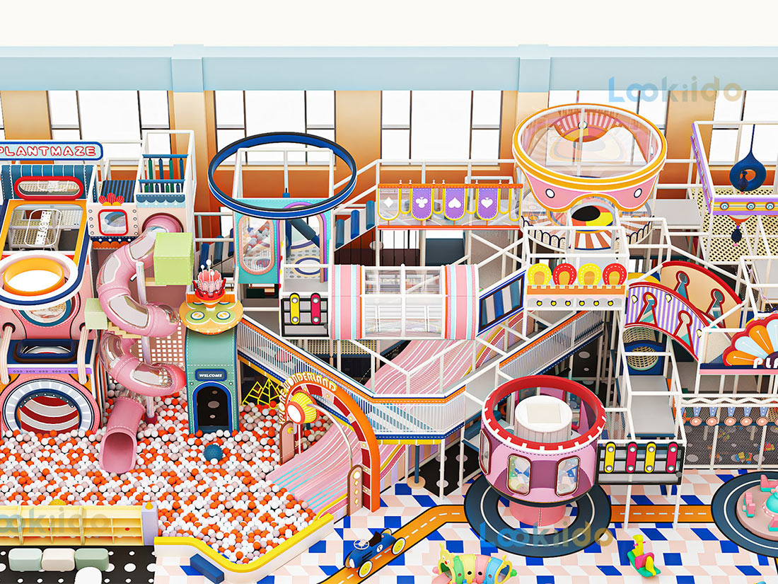 Pink 4-Level Indoor Playground Equipment Designed for Young Girls with LED Wave Slide