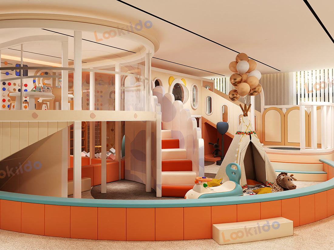 Environmentally Responsible Children's Play Center with Wooden Equipment and Soft Play Zones